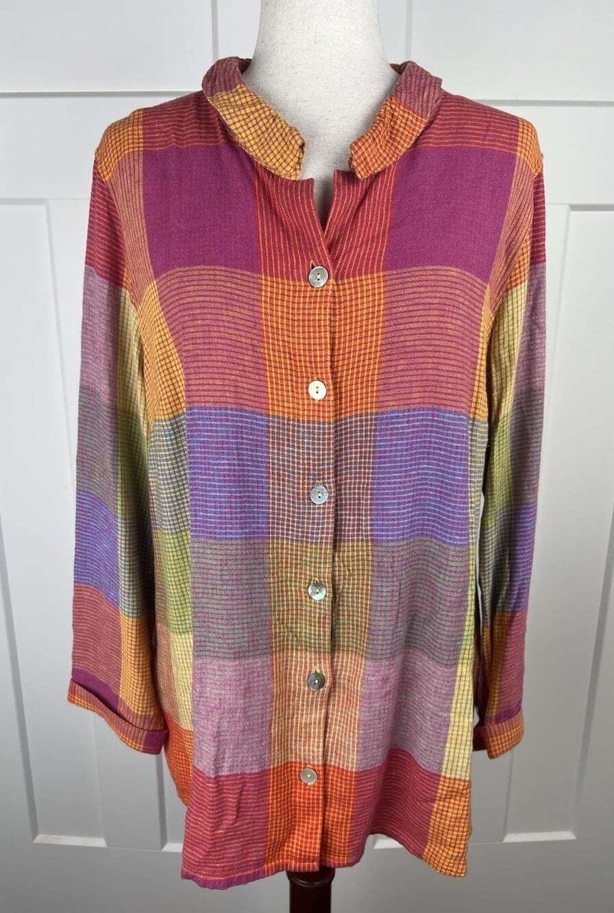 Soft Surroundings Tunic Blouse XL Linen Blend Plaid Fall Button Front Artsy